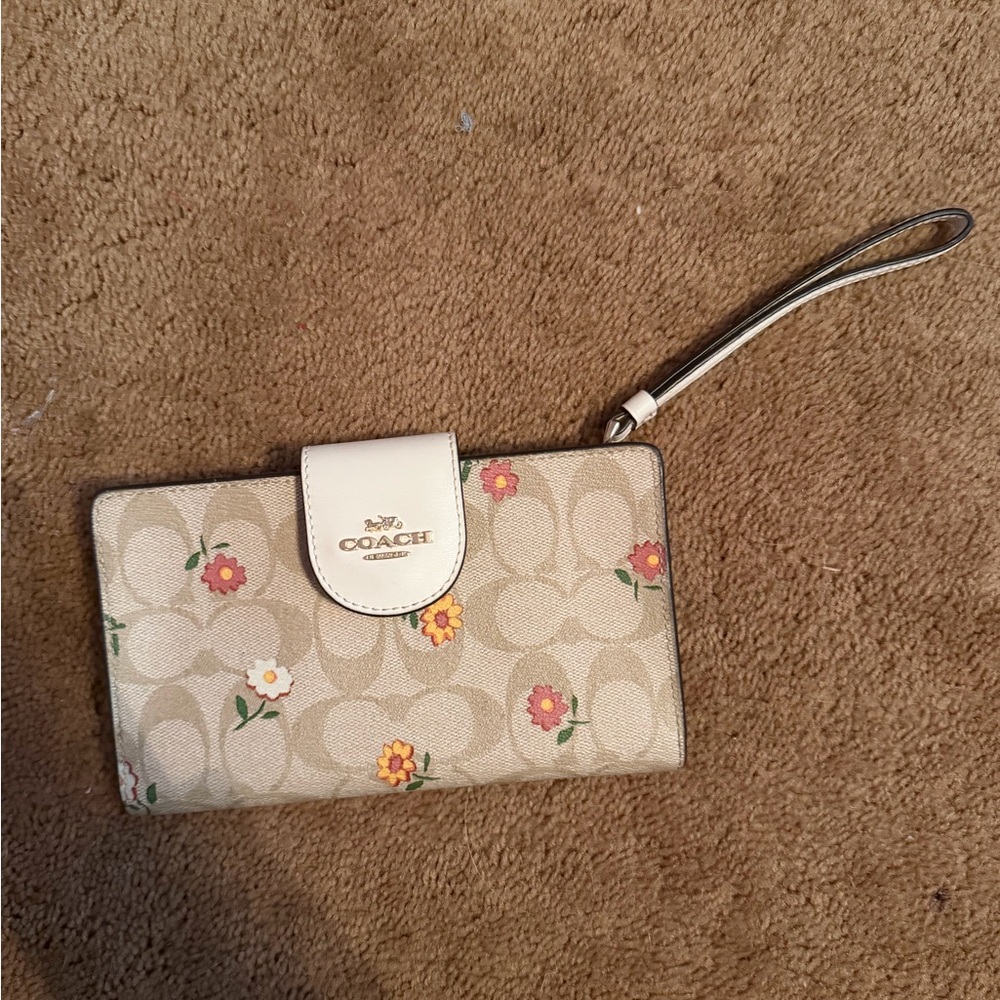 Coach Floral Print Wristlet Clutch - Tan and Cream